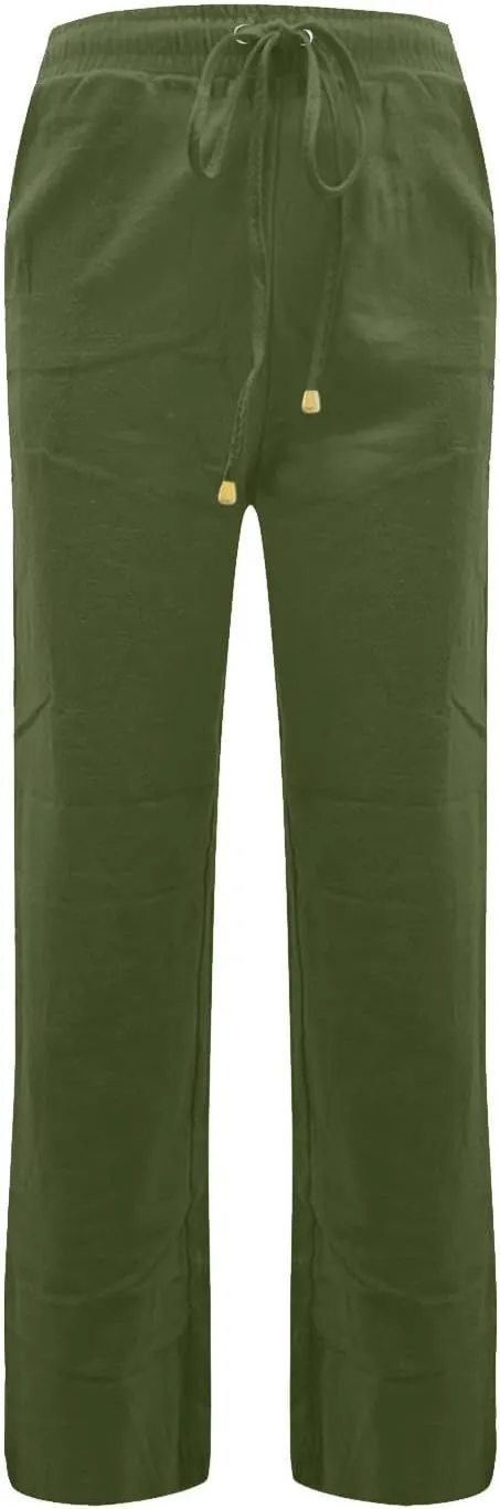 Straight Leg Linen Pants Women Summer Lightweight Drawstring Elastic High Waisted Lounge Pants Loose Work Trousers