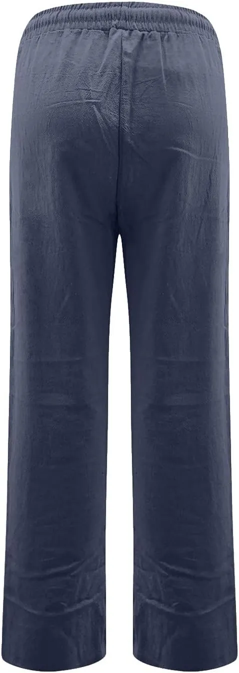 Straight Leg Linen Pants Women Summer Lightweight Drawstring Elastic High Waisted Lounge Pants Loose Work Trousers