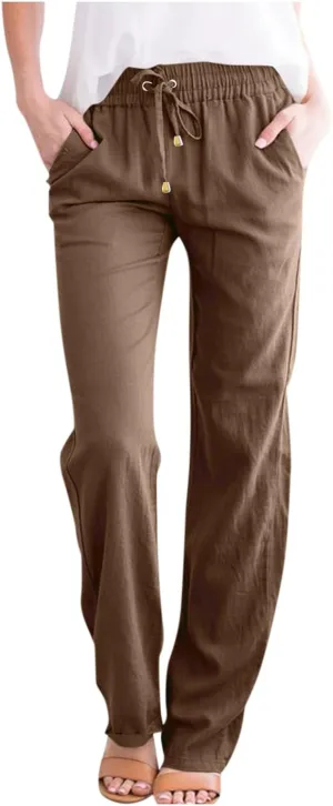 Straight Leg Linen Pants Women Summer Lightweight Drawstring Elastic High Waisted Lounge Pants Loose Work Trousers