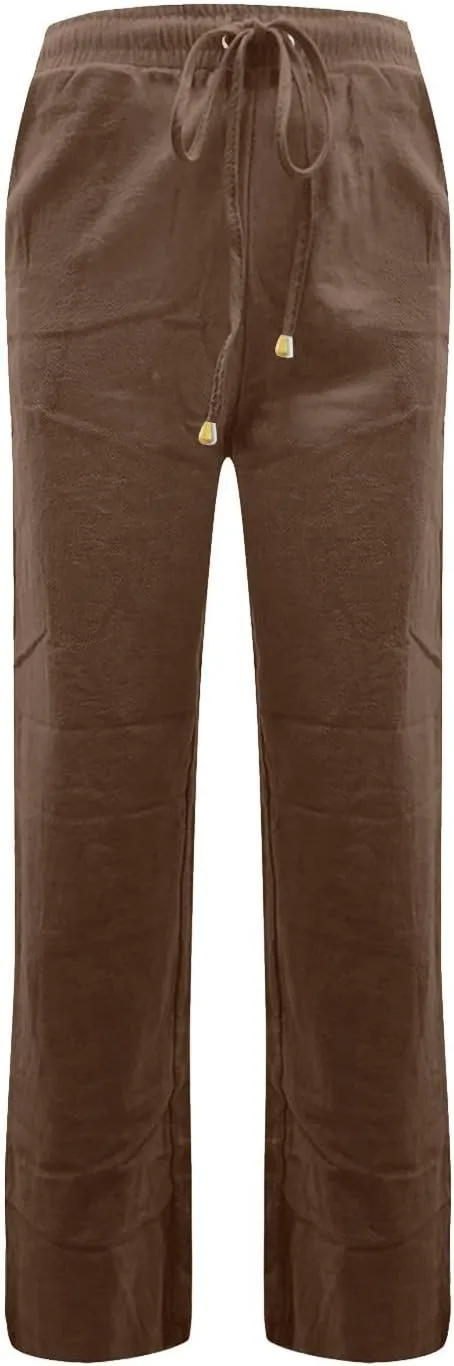 Straight Leg Linen Pants Women Summer Lightweight Drawstring Elastic High Waisted Lounge Pants Loose Work Trousers