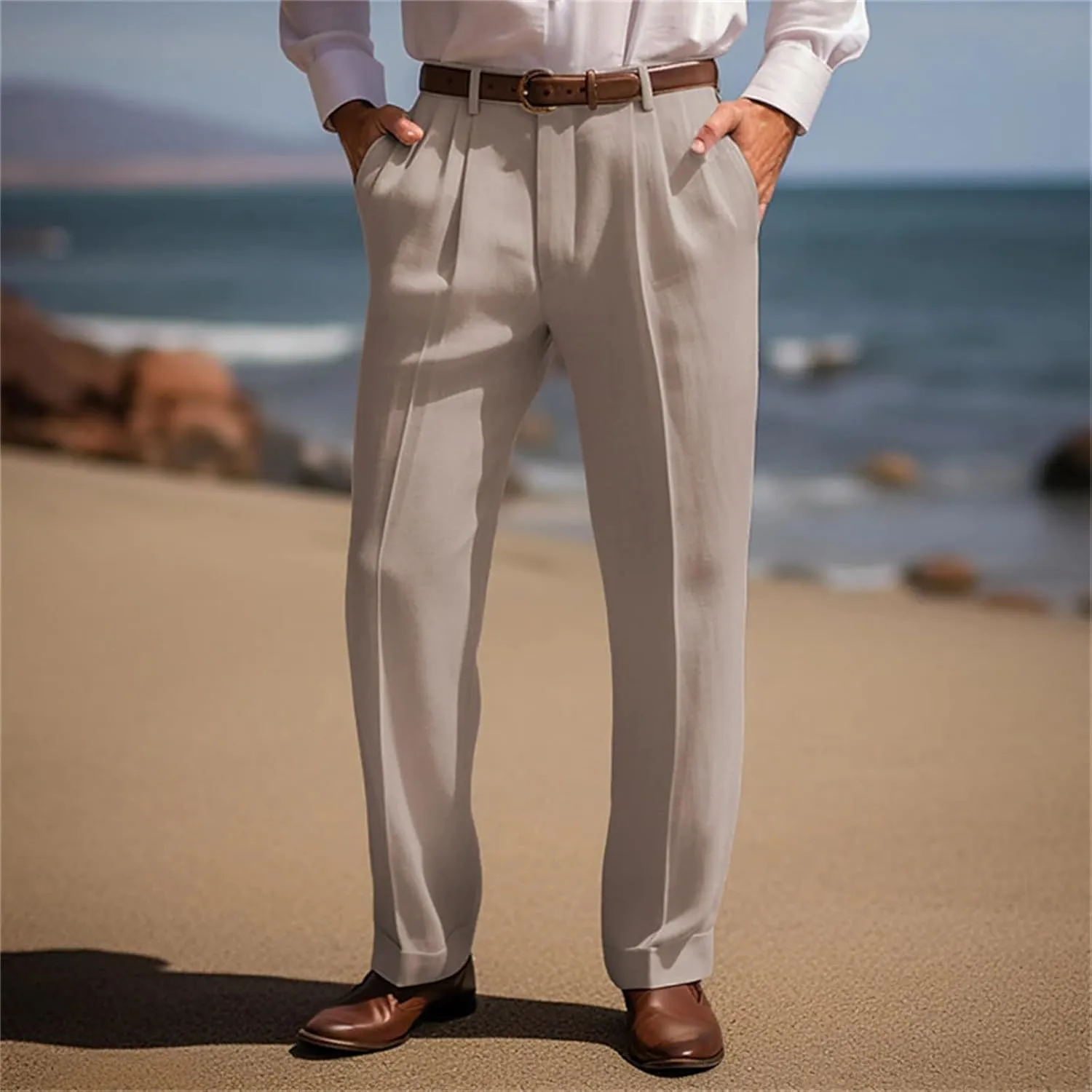 Suit Dress Pants for Men Vintage Slim Fit Stretchy Pant Cotton Linen Breathable Straight Leg Trousers Pleated Slacks