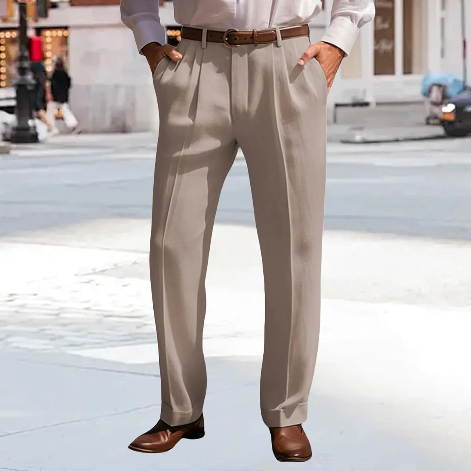 Suit Dress Pants for Men Vintage Slim Fit Stretchy Pant Cotton Linen Breathable Straight Leg Trousers Pleated Slacks