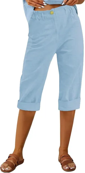Summer Capri Pants Womens Casual Elastic Waist Cropped Trouser Fashion Resort Wear Beach Vacation Capris Clothes