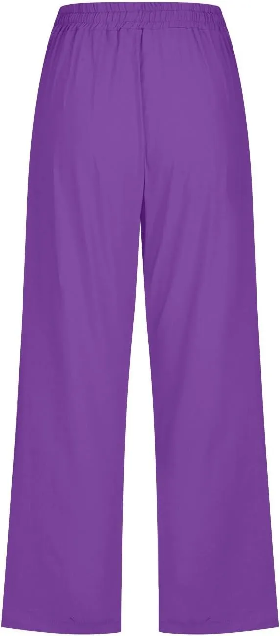 Summer Linen Capri Pants for Women 2024 Womens Linen Palazzo Trouser Soild Wide Leg Linen Pants for Women Casua