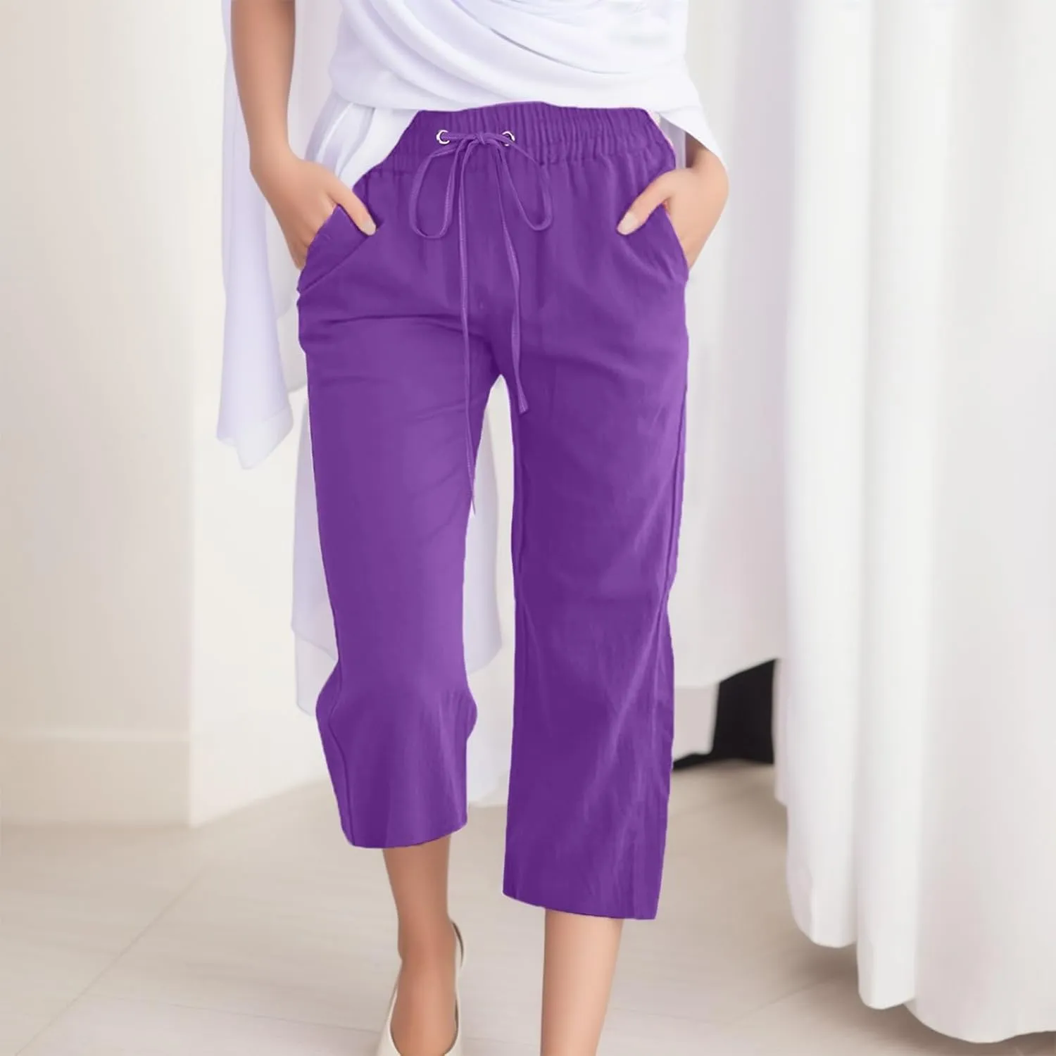 Summer Linen Capri Pants for Women 2024 Womens Linen Palazzo Trouser Soild Wide Leg Linen Pants for Women Casua