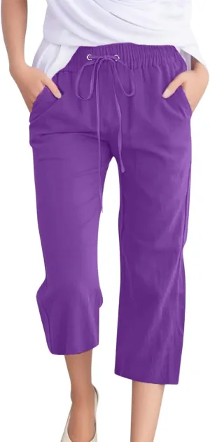 Summer Linen Capri Pants for Women 2024 Womens Linen Palazzo Trouser Soild Wide Leg Linen Pants for Women Casua