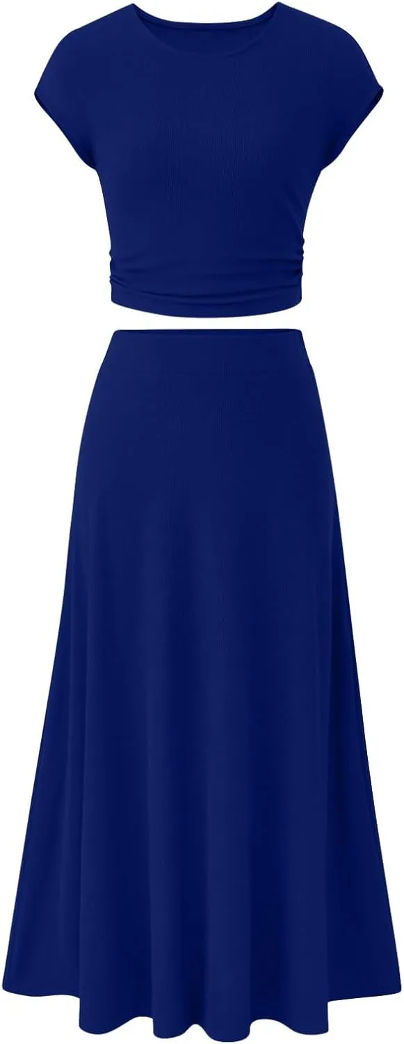 Summer Two Piece Sets For Women Short Sleeve Cropped Tops And Pleated Midi Skirt Lounge Sets Solid Travel Lounge Sets