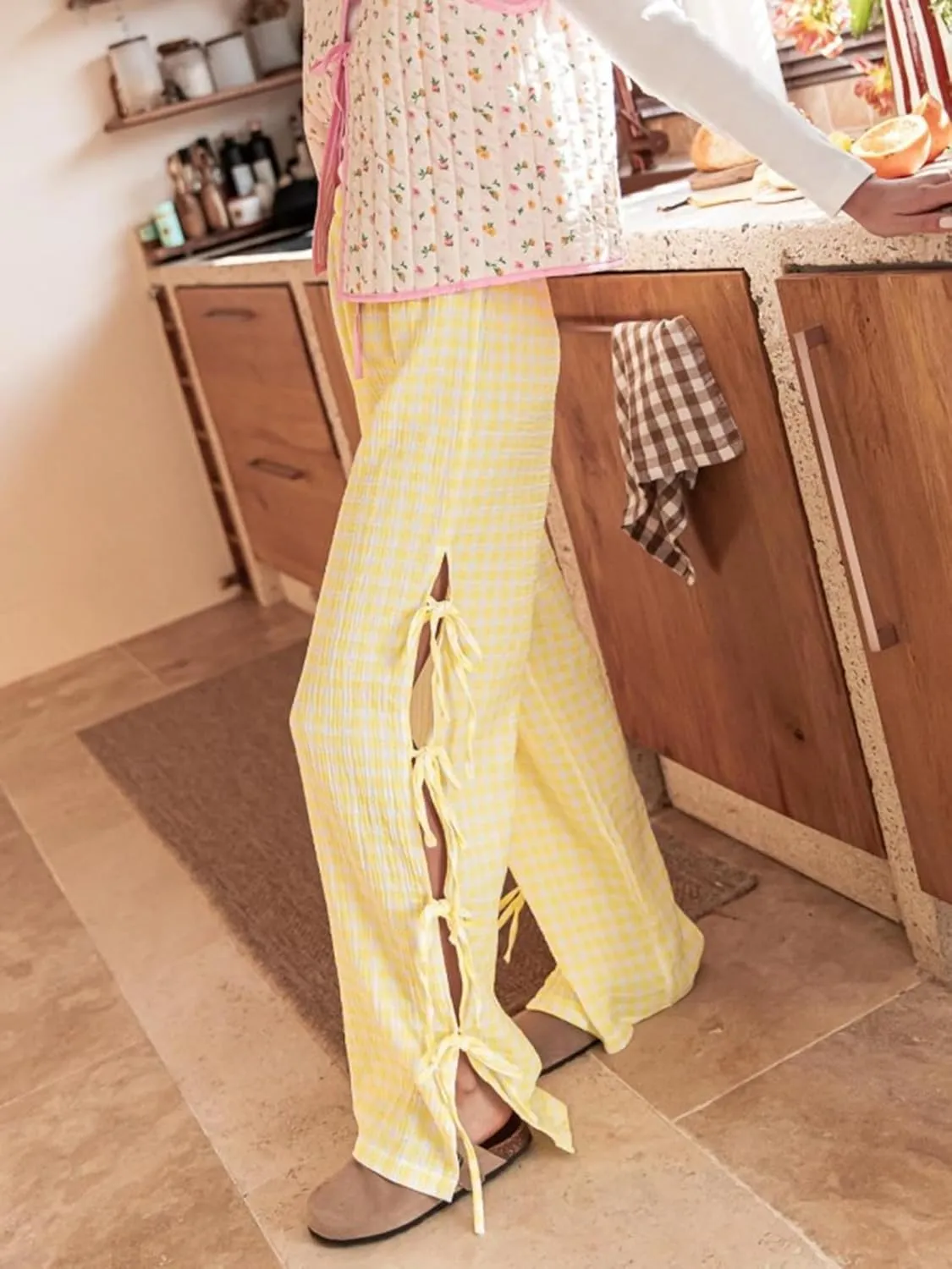 Sunloudy Women Y2K Wide Leg Gingham Pants Elastic High Waist Side Tie Loose Fit Plaid Trouser Lounge Pants