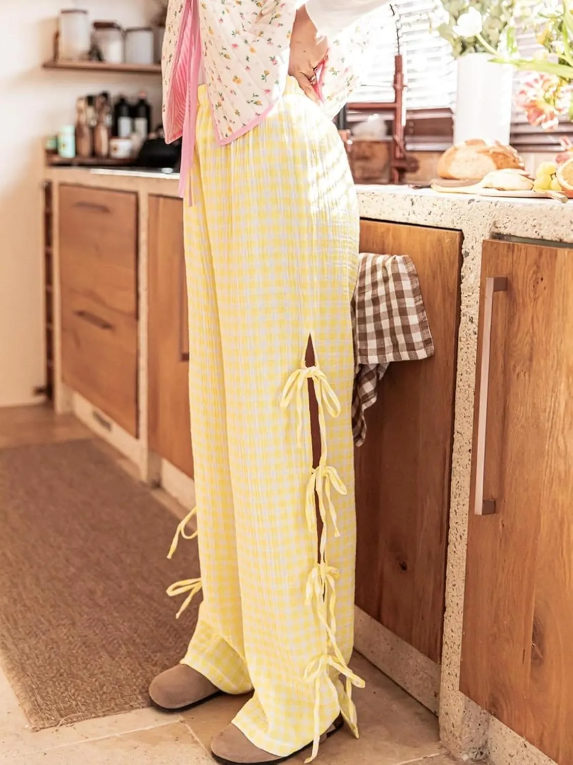 Sunloudy Women Y2K Wide Leg Gingham Pants Elastic High Waist Side Tie Loose Fit Plaid Trouser Lounge Pants