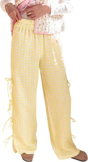 Sunloudy Women Y2K Wide Leg Gingham Pants Elastic High Waist Side Tie Loose Fit Plaid Trouser Lounge Pants