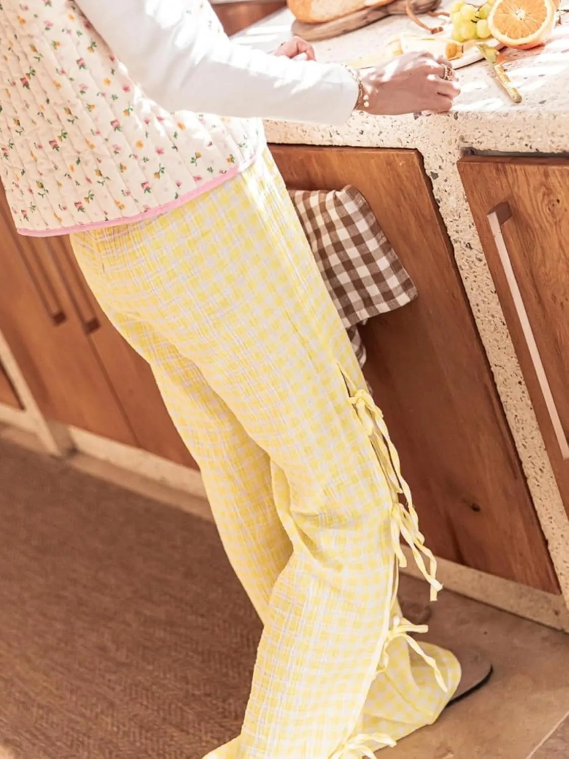 Sunloudy Women Y2K Wide Leg Gingham Pants Elastic High Waist Side Tie Loose Fit Plaid Trouser Lounge Pants
