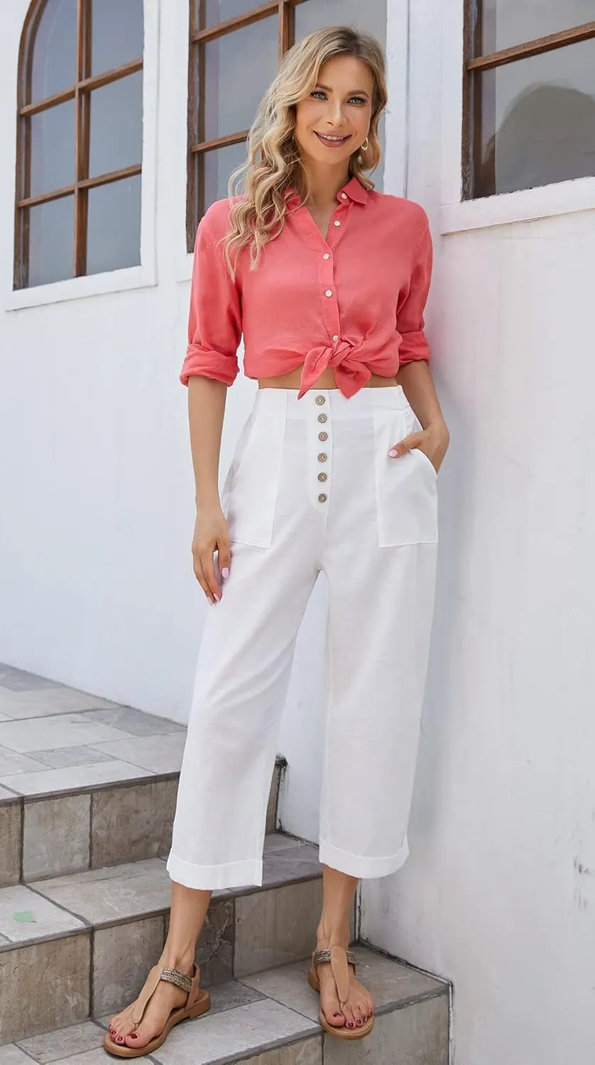 SVALIY Summer Cotton Linen Cropped Wide Leg Pants Capris Women Ladies Casual Loose Palazzo Pant Work Elastic Pocket