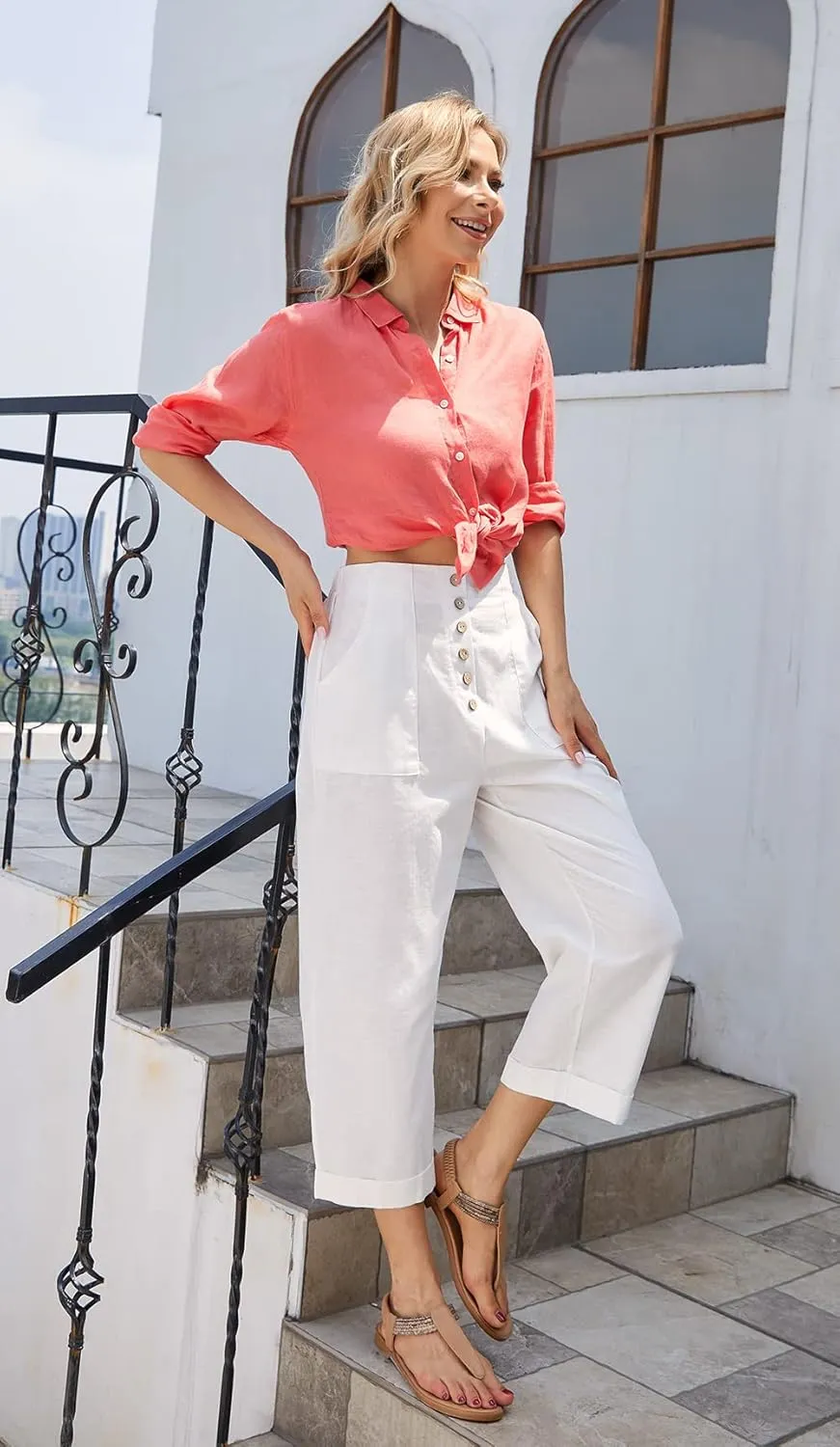 SVALIY Summer Cotton Linen Cropped Wide Leg Pants Capris Women Ladies Casual Loose Palazzo Pant Work Elastic Pocket