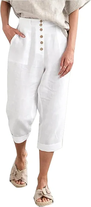 SVALIY Summer Cotton Linen Cropped Wide Leg Pants Capris Women Ladies Casual Loose Palazzo Pant Work Elastic Pocket
