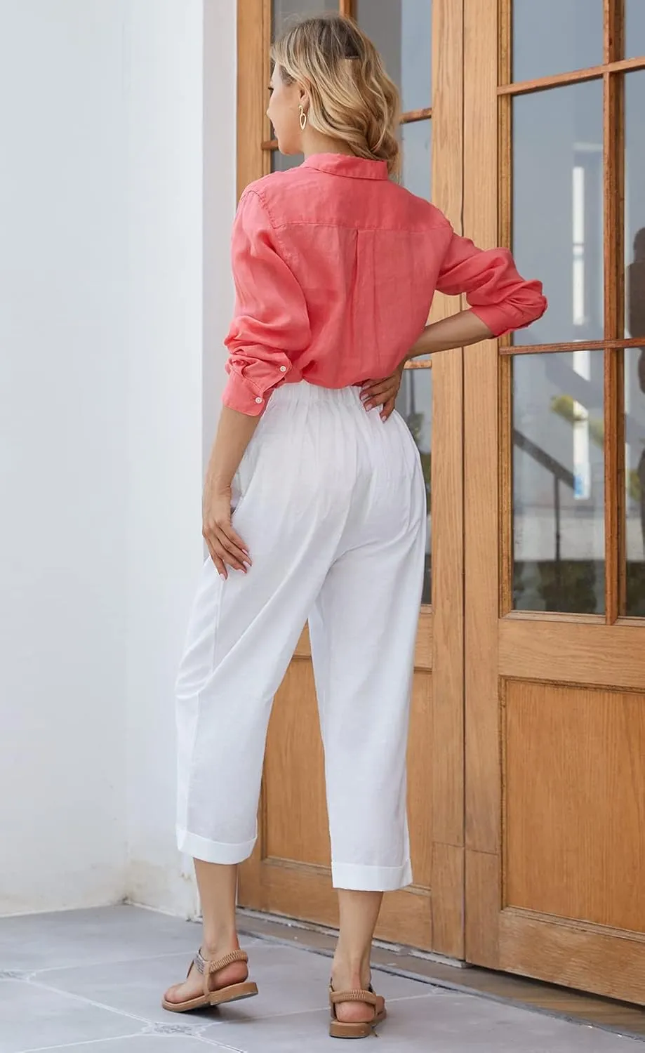 SVALIY Summer Cotton Linen Cropped Wide Leg Pants Capris Women Ladies Casual Loose Palazzo Pant Work Elastic Pocket