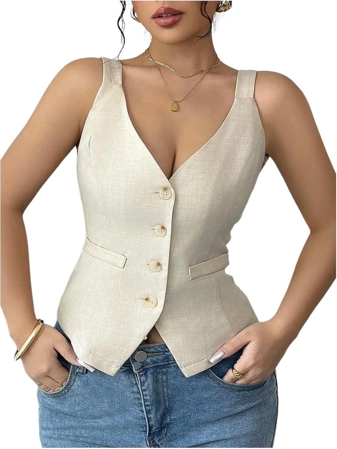 SweatyRocks Women's Button Down Sleeveless Vest Top V Neck Slim Fitted Summer Tank Tops