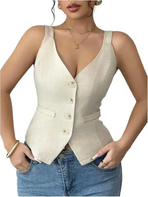 SweatyRocks Women's Button Down Sleeveless Vest Top V Neck Slim Fitted Summer Tank Tops