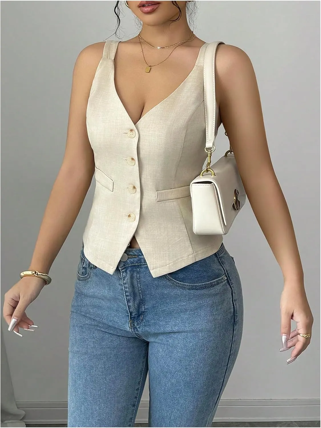 SweatyRocks Women's Button Down Sleeveless Vest Top V Neck Slim Fitted Summer Tank Tops