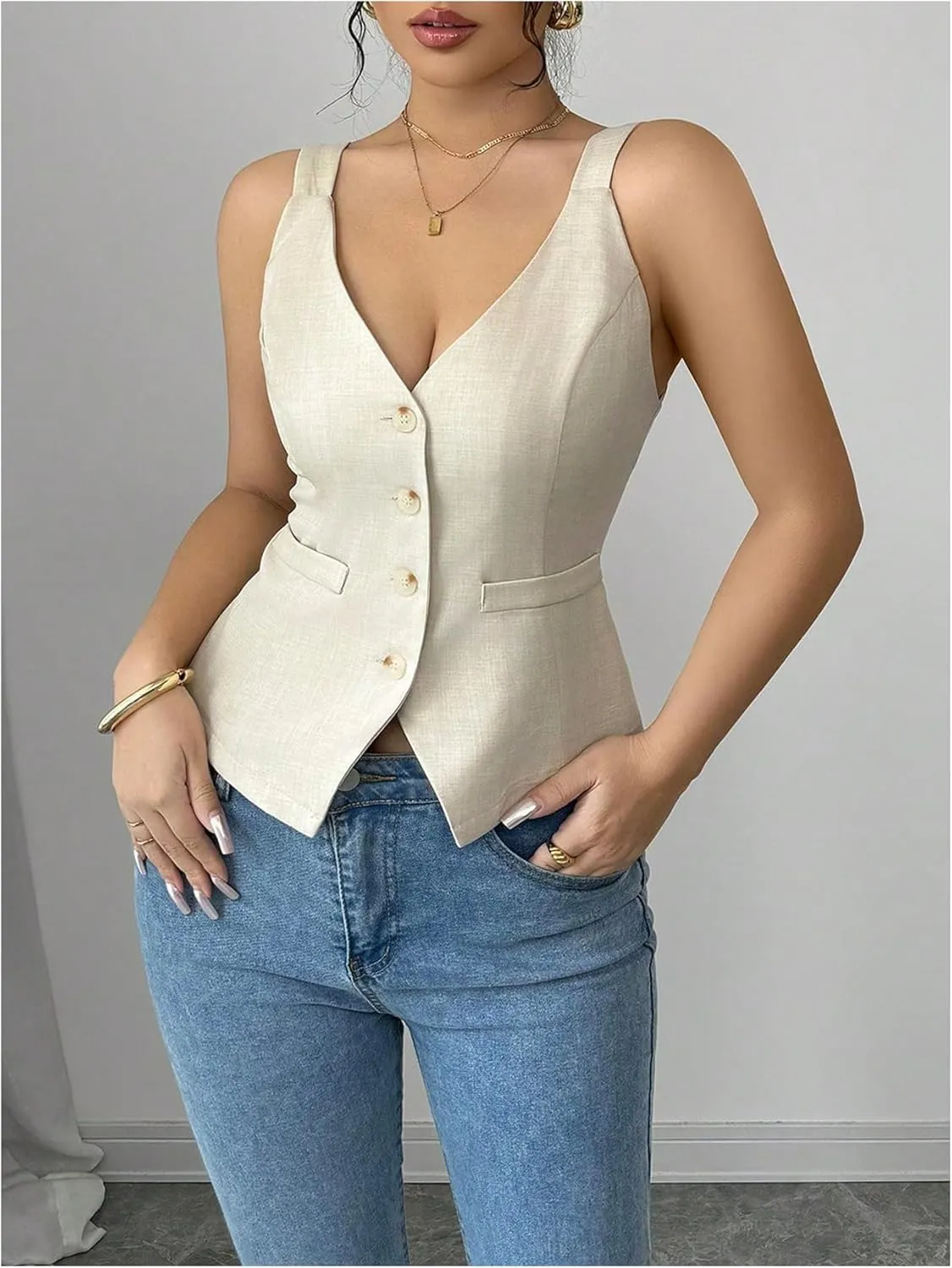 SweatyRocks Women's Button Down Sleeveless Vest Top V Neck Slim Fitted Summer Tank Tops
