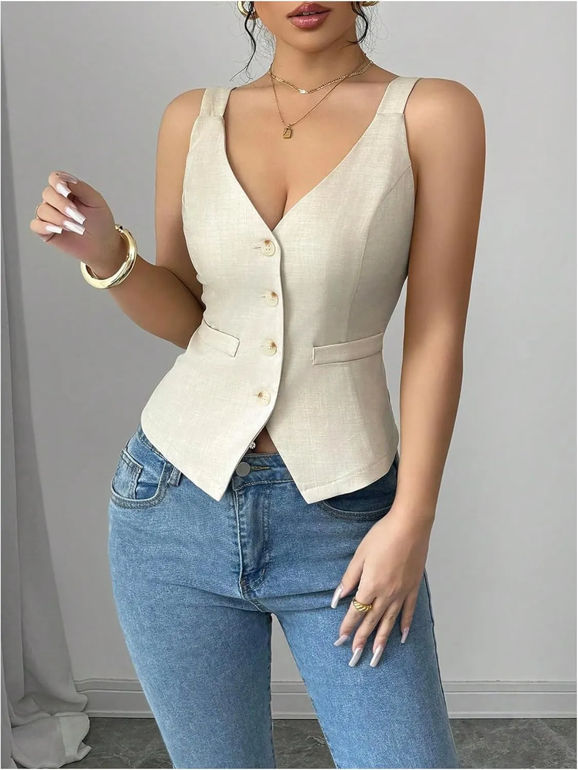 SweatyRocks Women's Button Down Sleeveless Vest Top V Neck Slim Fitted Summer Tank Tops
