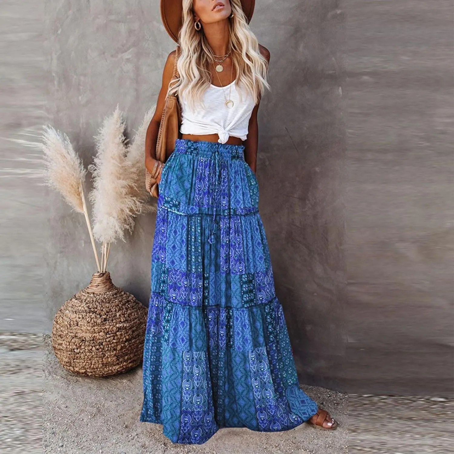 Tiered Pleated Skirts for Women Boho Floral Beach A Line Maxi Skirt Summer Casual High Waist Long Skirts with Pockets
