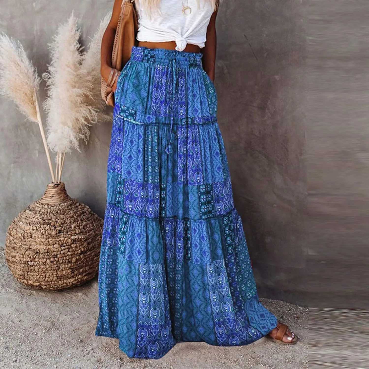 Tiered Pleated Skirts for Women Boho Floral Beach A Line Maxi Skirt Summer Casual High Waist Long Skirts with Pockets