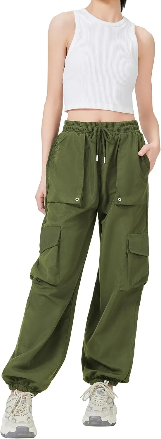 TSMNZMU Womens Cargo Pants High Waist Parachute Trousers Casual Bottoms Hiking Harem Pant with Velcro Pockets