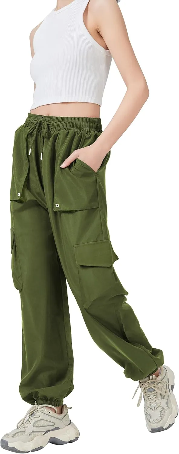 TSMNZMU Womens Cargo Pants High Waist Parachute Trousers Casual Bottoms Hiking Harem Pant with Velcro Pockets