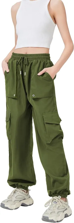 TSMNZMU Womens Cargo Pants High Waist Parachute Trousers Casual Bottoms Hiking Harem Pant with Velcro Pockets