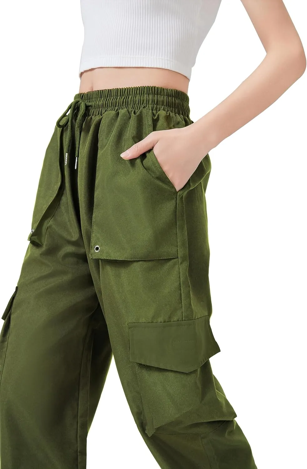 TSMNZMU Womens Cargo Pants High Waist Parachute Trousers Casual Bottoms Hiking Harem Pant with Velcro Pockets