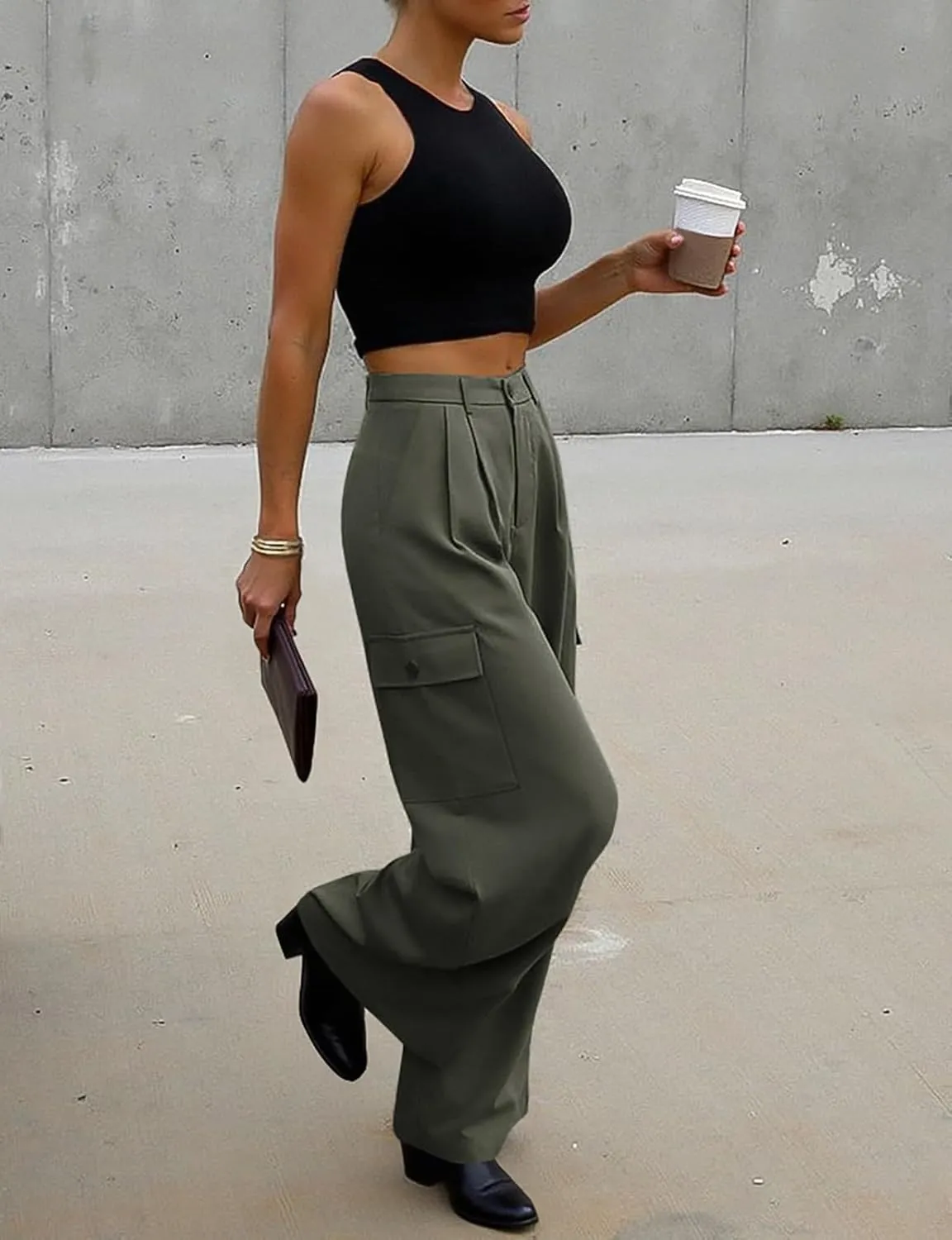 UEU Womens High Waisted Wide Leg Cargo Pants Baggy Dress Pants Business Casual Work Trousers with 4 Pockets 2025 Trendy