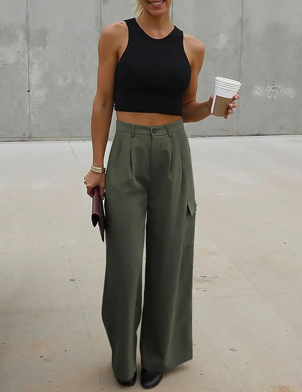 UEU Womens High Waisted Wide Leg Cargo Pants Baggy Dress Pants Business Casual Work Trousers with 4 Pockets 2025 Trendy