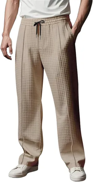 Waffle Pants for Men Corduroy Wide Leg Elastic Athletic Sweatpants Casual Loose Breathable Business Work Trousers