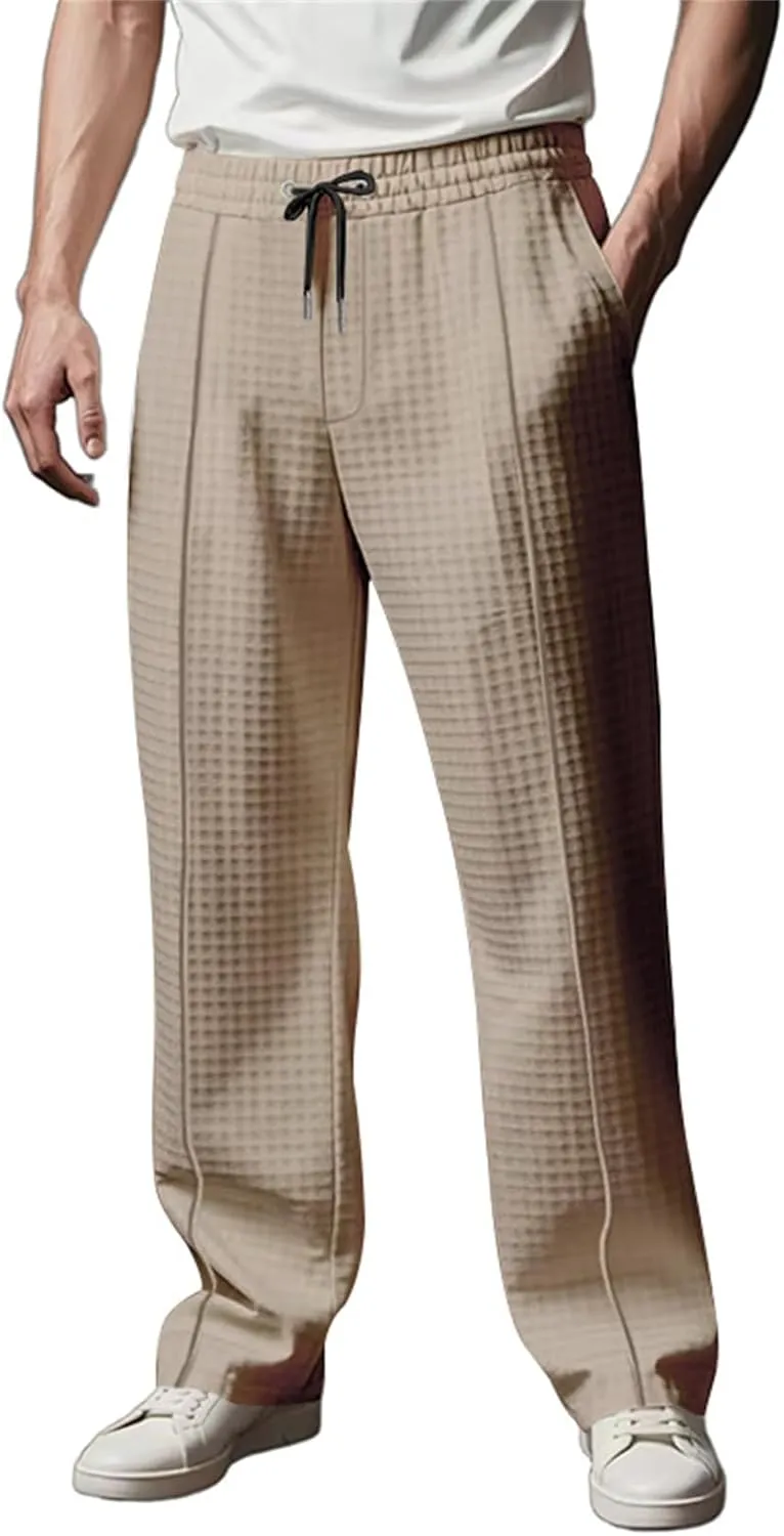 Waffle Pants for Men Corduroy Wide Leg Elastic Athletic Sweatpants Casual Loose Breathable Business Work Trousers