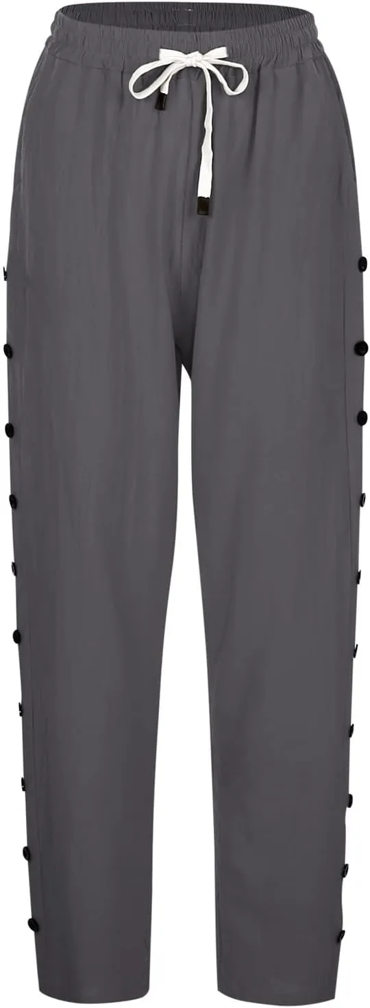 Wide Leg Cropped Pants Womens Lightweight Baggy Linen Straight Leg Trousers Casual Flowy Loose Linen Pants with Pockets