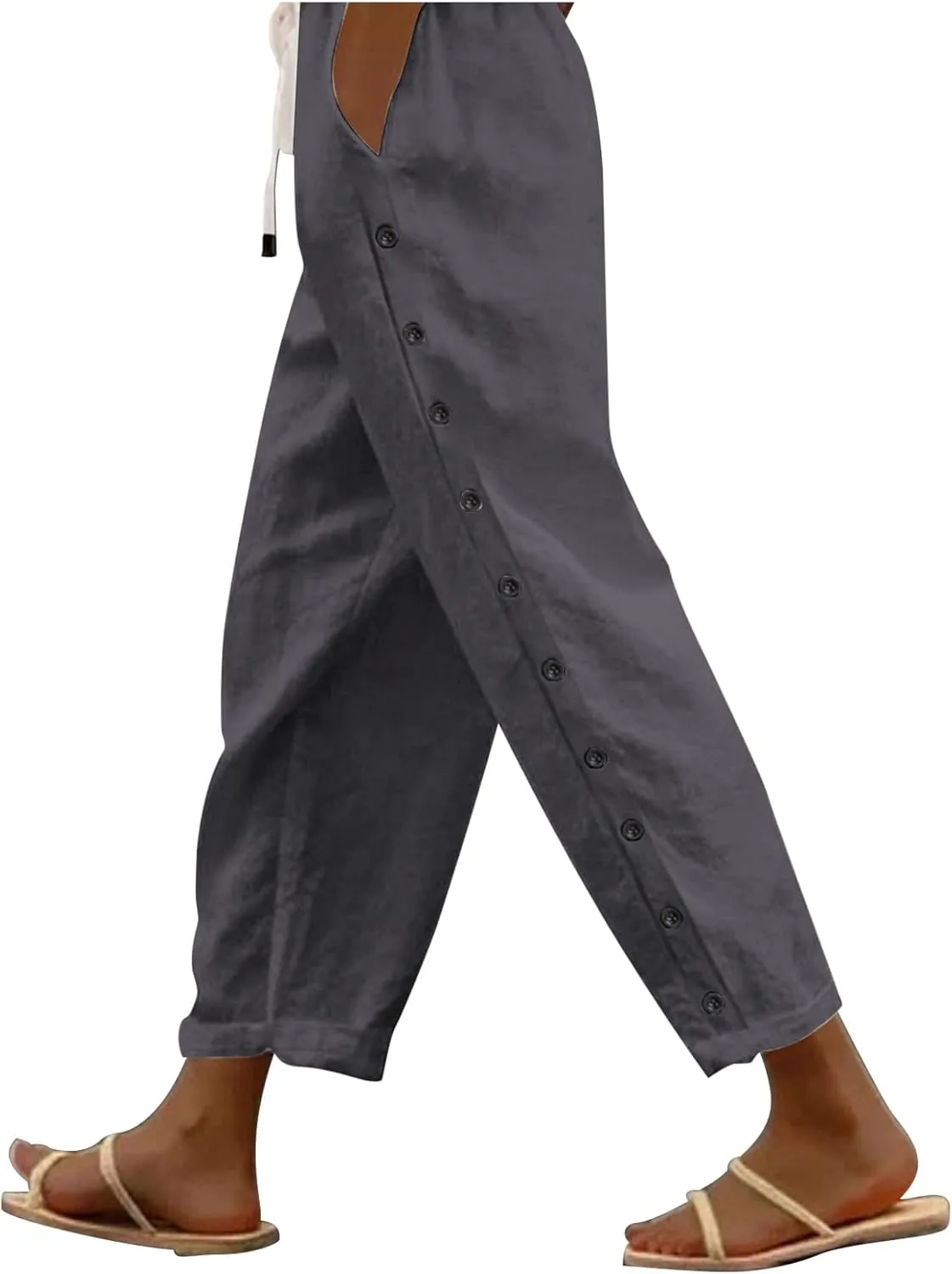 Wide Leg Cropped Pants Womens Lightweight Baggy Linen Straight Leg Trousers Casual Flowy Loose Linen Pants with Pockets