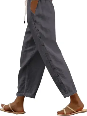 Wide Leg Cropped Pants Womens Lightweight Baggy Linen Straight Leg Trousers Casual Flowy Loose Linen Pants with Pockets