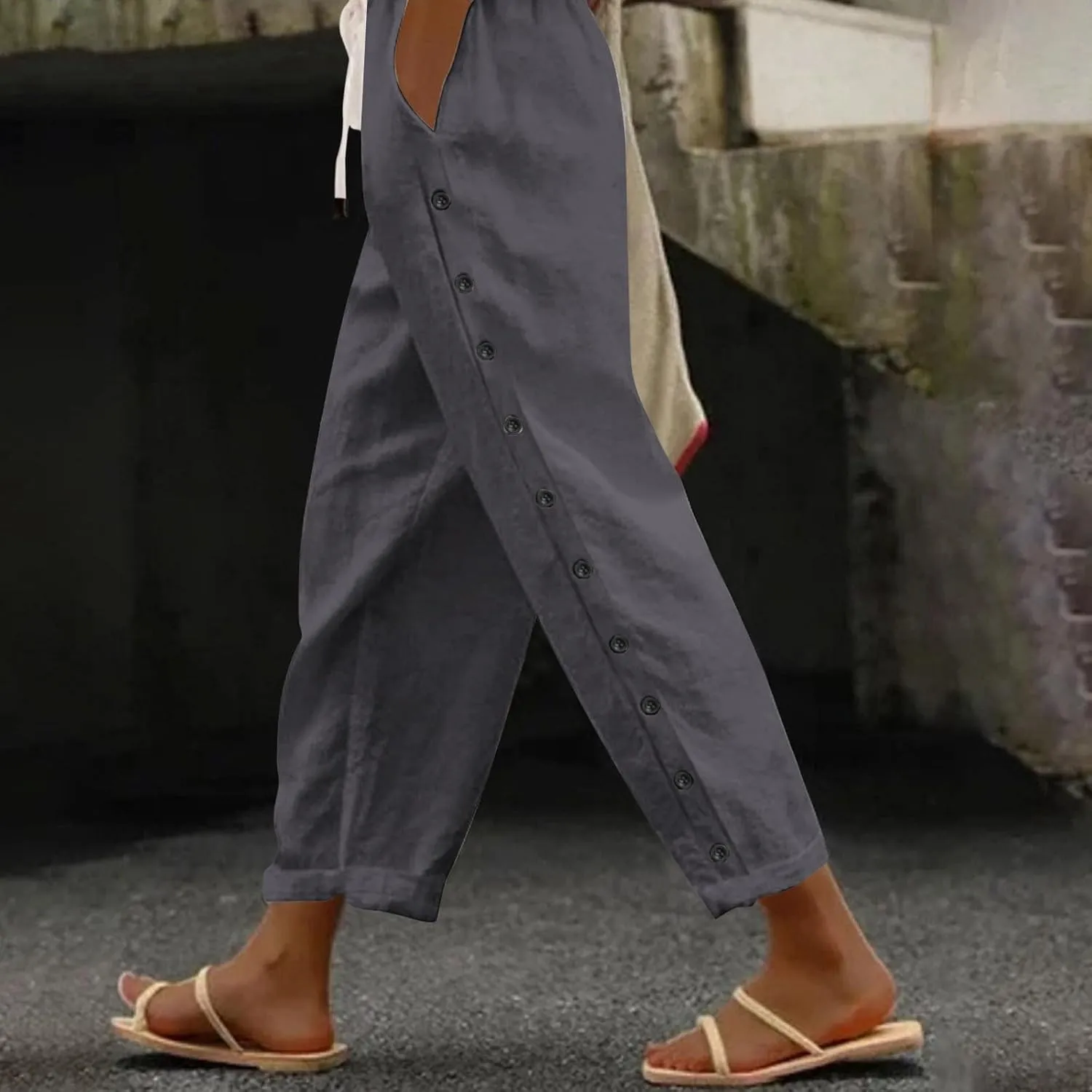 Wide Leg Cropped Pants Womens Lightweight Baggy Linen Straight Leg Trousers Casual Flowy Loose Linen Pants with Pockets