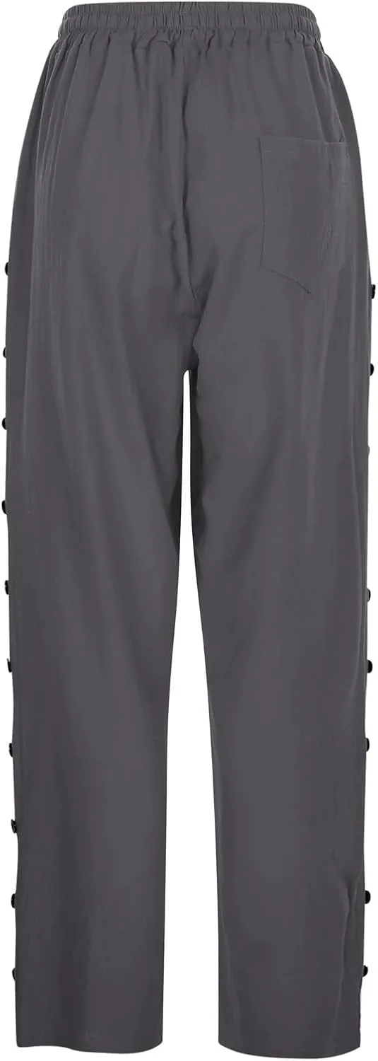 Wide Leg Cropped Pants Womens Lightweight Baggy Linen Straight Leg Trousers Casual Flowy Loose Linen Pants with Pockets