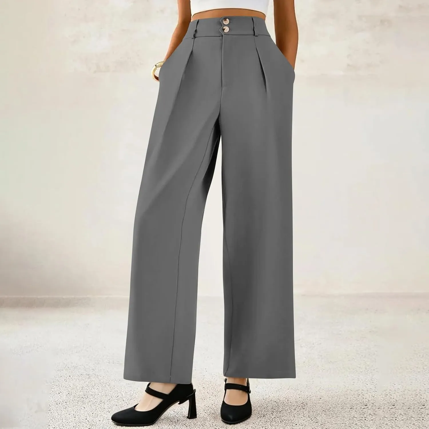 Wide Leg Dress Pants for Women Business Casual Pleated High Elastic Waist Button Palazzo Pants with Pockets