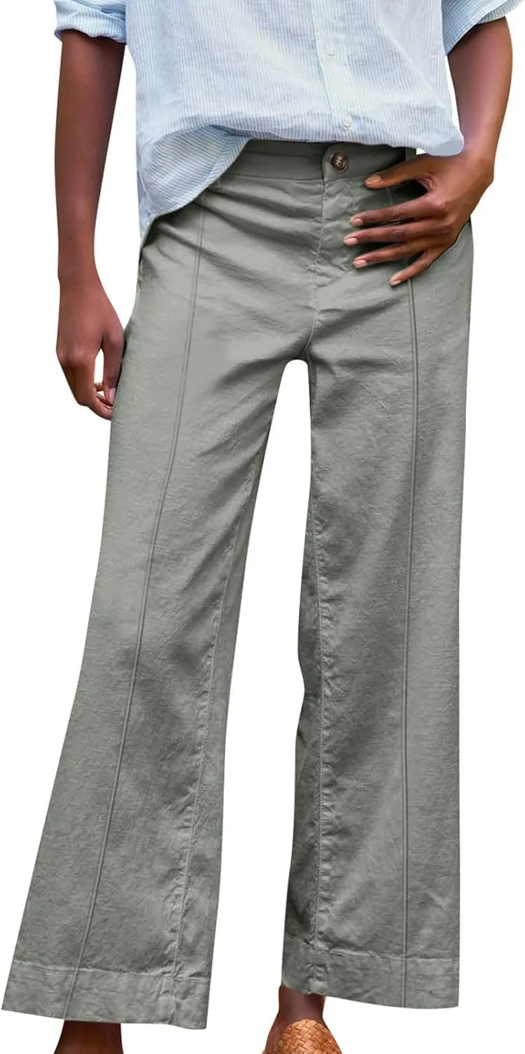 Wide Leg Linen Pants for Women Casual Summer High Waisted Work Cropped Pants Loose Business Trouser