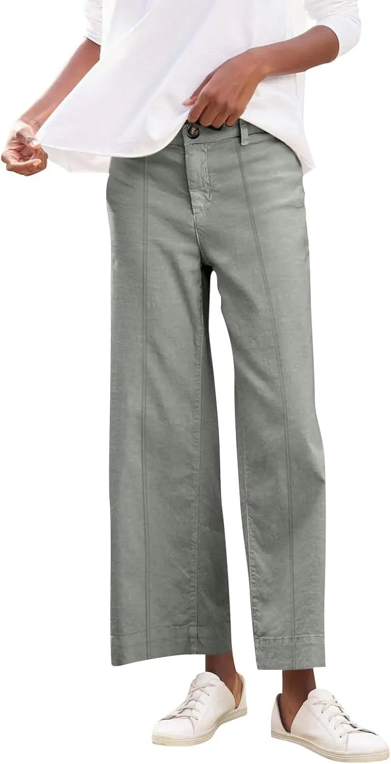 Wide Leg Linen Pants for Women Casual Summer High Waisted Work Cropped Pants Loose Business Trouser