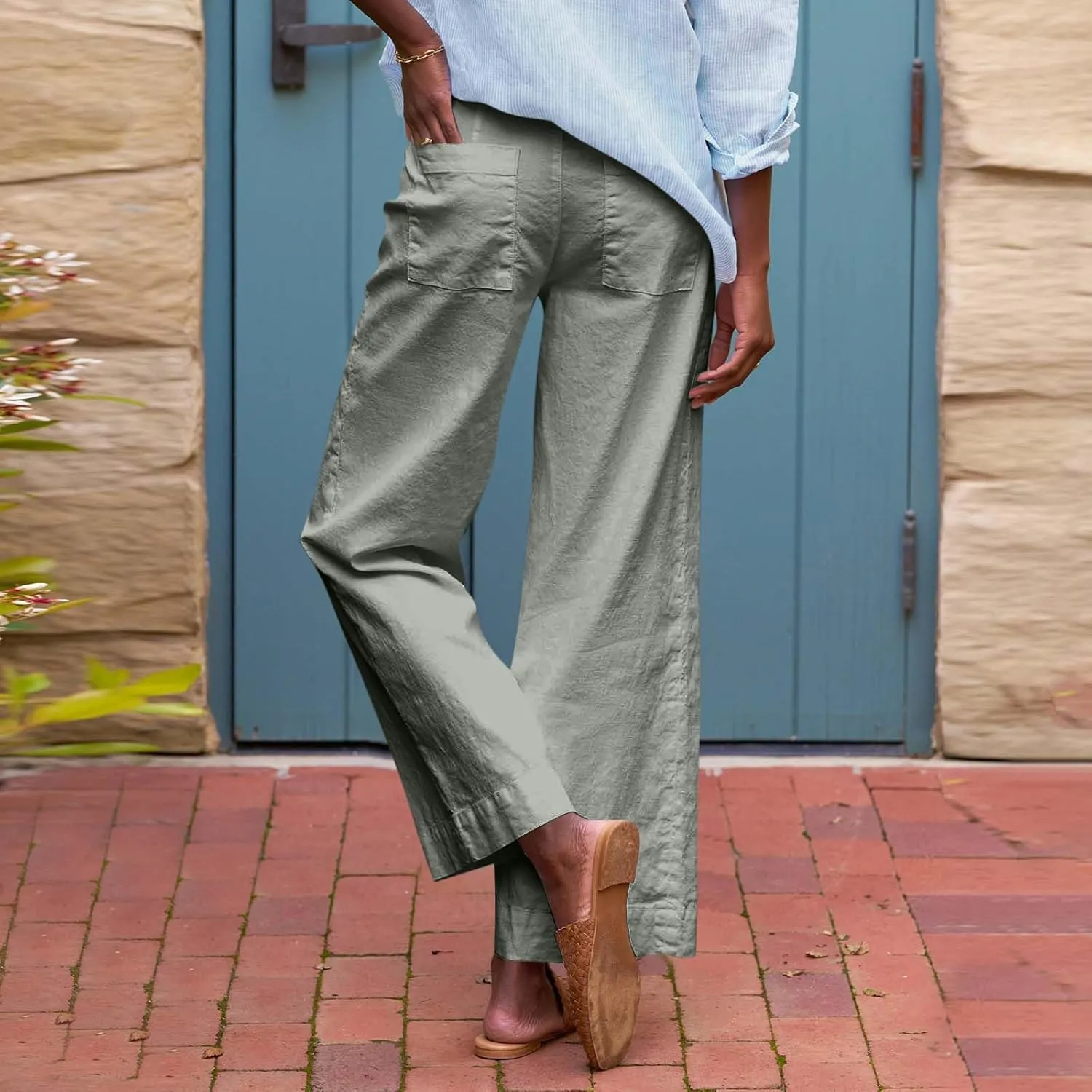 Wide Leg Linen Pants for Women Casual Summer High Waisted Work Cropped Pants Loose Business Trouser