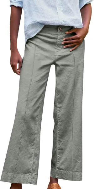 Wide Leg Linen Pants for Women Casual Summer High Waisted Work Cropped Pants Loose Business Trouser