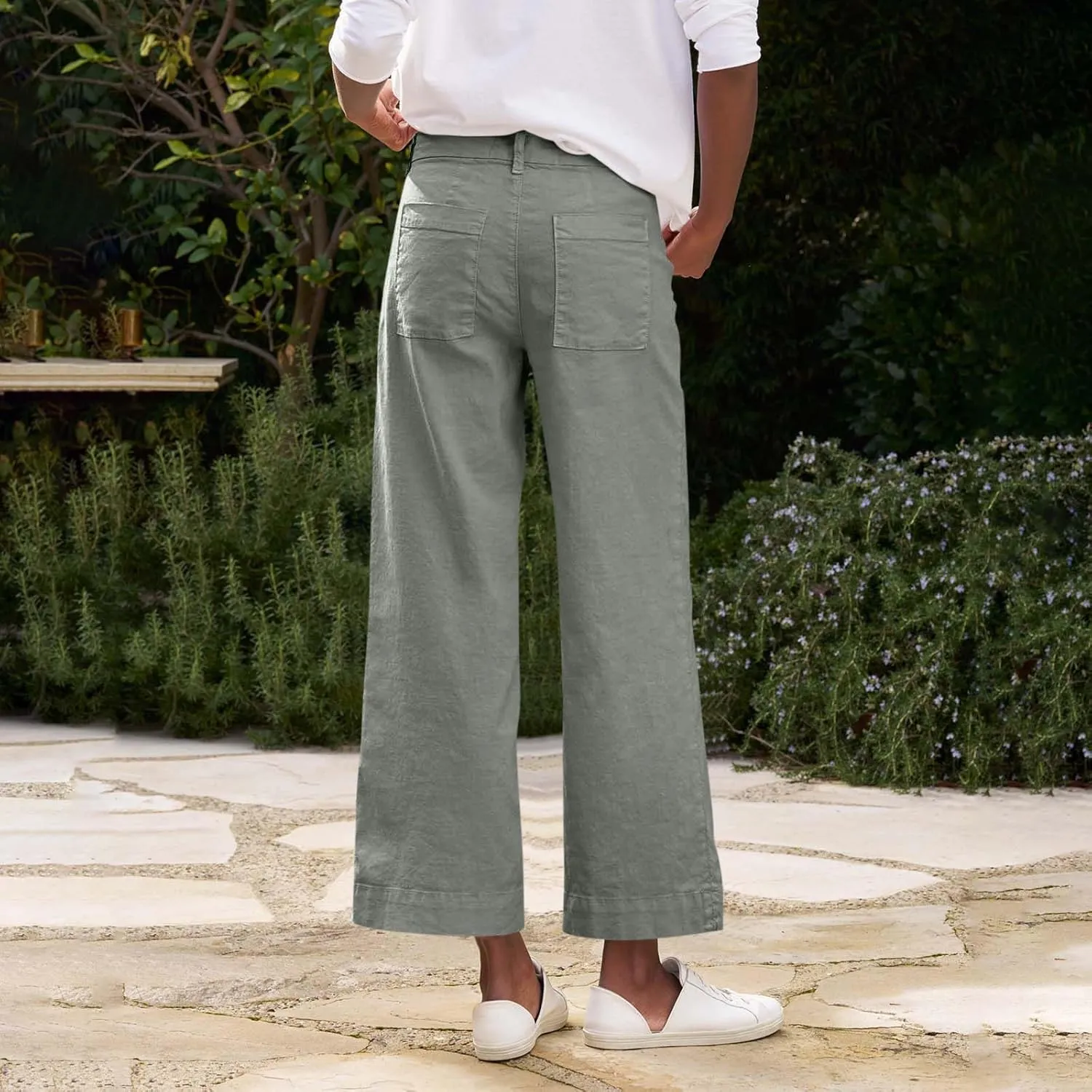 Wide Leg Linen Pants for Women Casual Summer High Waisted Work Cropped Pants Loose Business Trouser