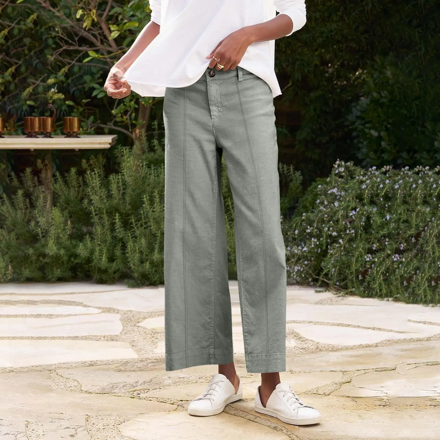 Wide Leg Linen Pants for Women Casual Summer High Waisted Work Cropped Pants Loose Business Trouser
