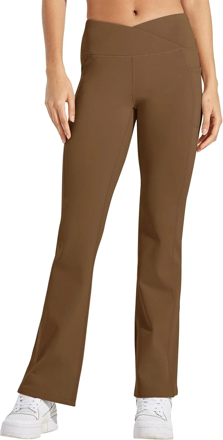 Willit Women's Fleece Lined Pants Yoga Crossover Leggings Bootcut Thermal Winter Pants Flare Leggings Water Resistant