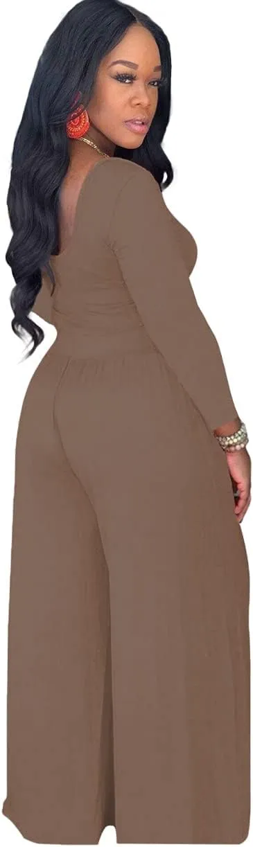 Women 2 Piece Sexy Bodycon Crop Top High Waist Wide Leg Pants Set Plus Size Outfits