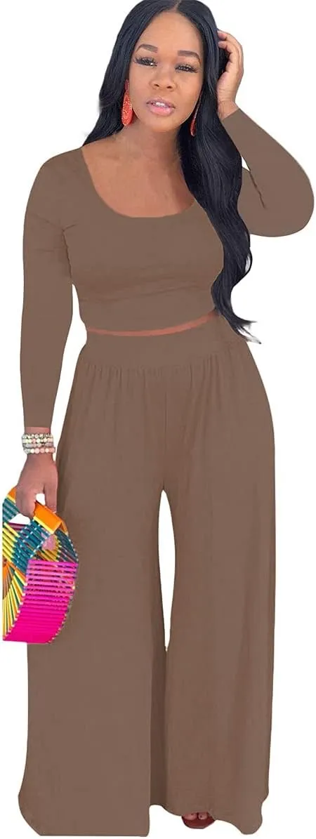 Women 2 Piece Sexy Bodycon Crop Top High Waist Wide Leg Pants Set Plus Size Outfits