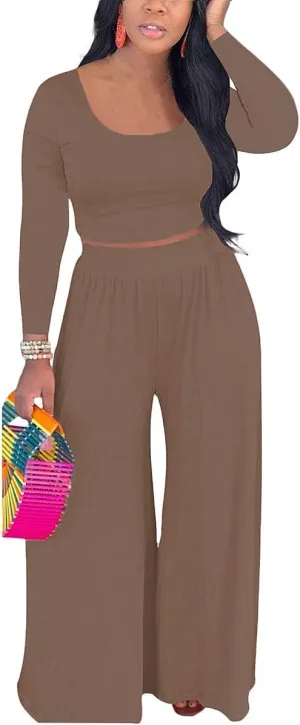 Women 2 Piece Sexy Bodycon Crop Top High Waist Wide Leg Pants Set Plus Size Outfits